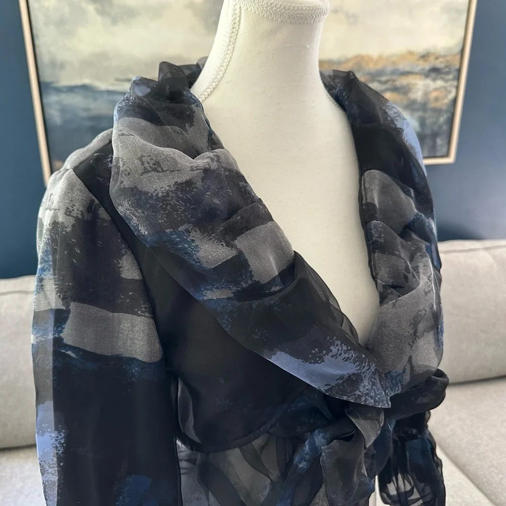 Samuel Dong 100% Silk Organza Crop Bolero Jacket, Blue/Black/Gray Print, Sz S - Picture 5 of 12